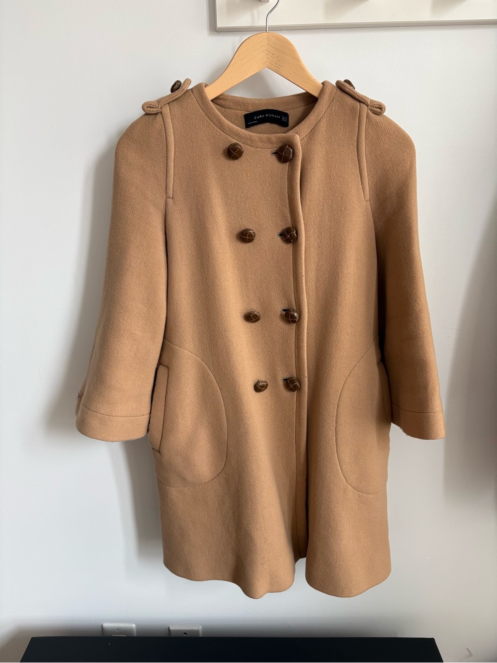 Zara Tan Double-Breasted Wool Pea Coat